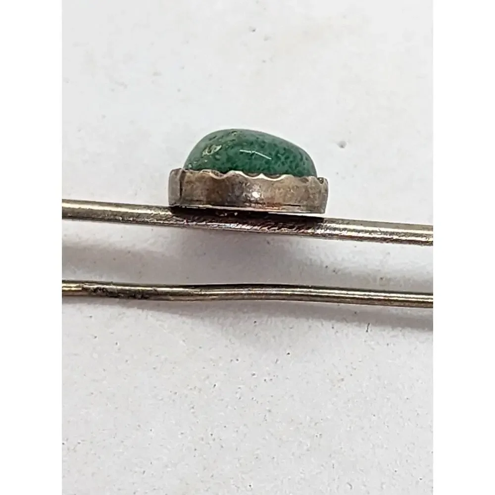 Antique Long Bar Brooch Pin Sterling Silver Jade Cabochon Tie Suite Collar Hat